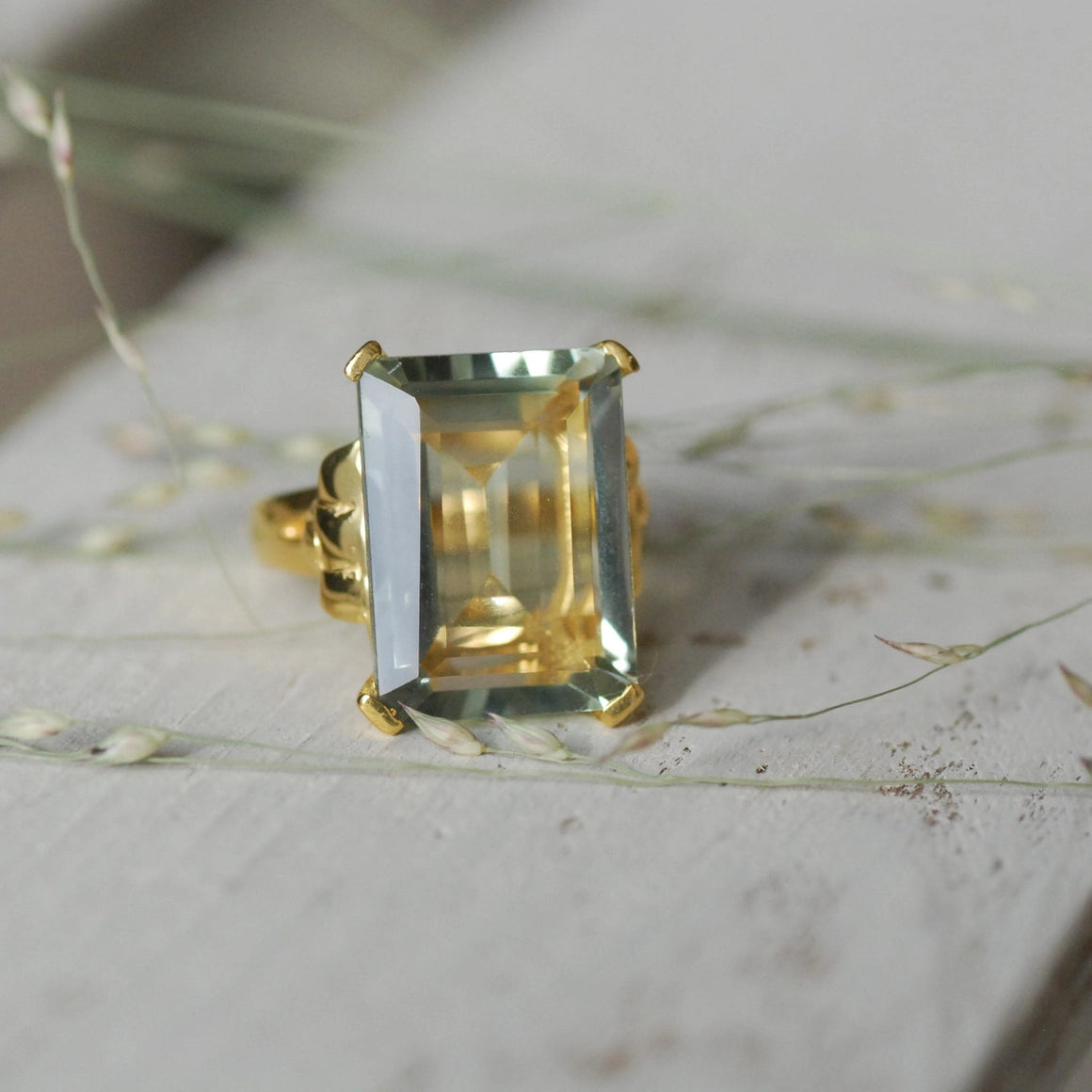Green Amethyst Emerald Cut Cocktail Ring, in 925 18ct Vermeil
