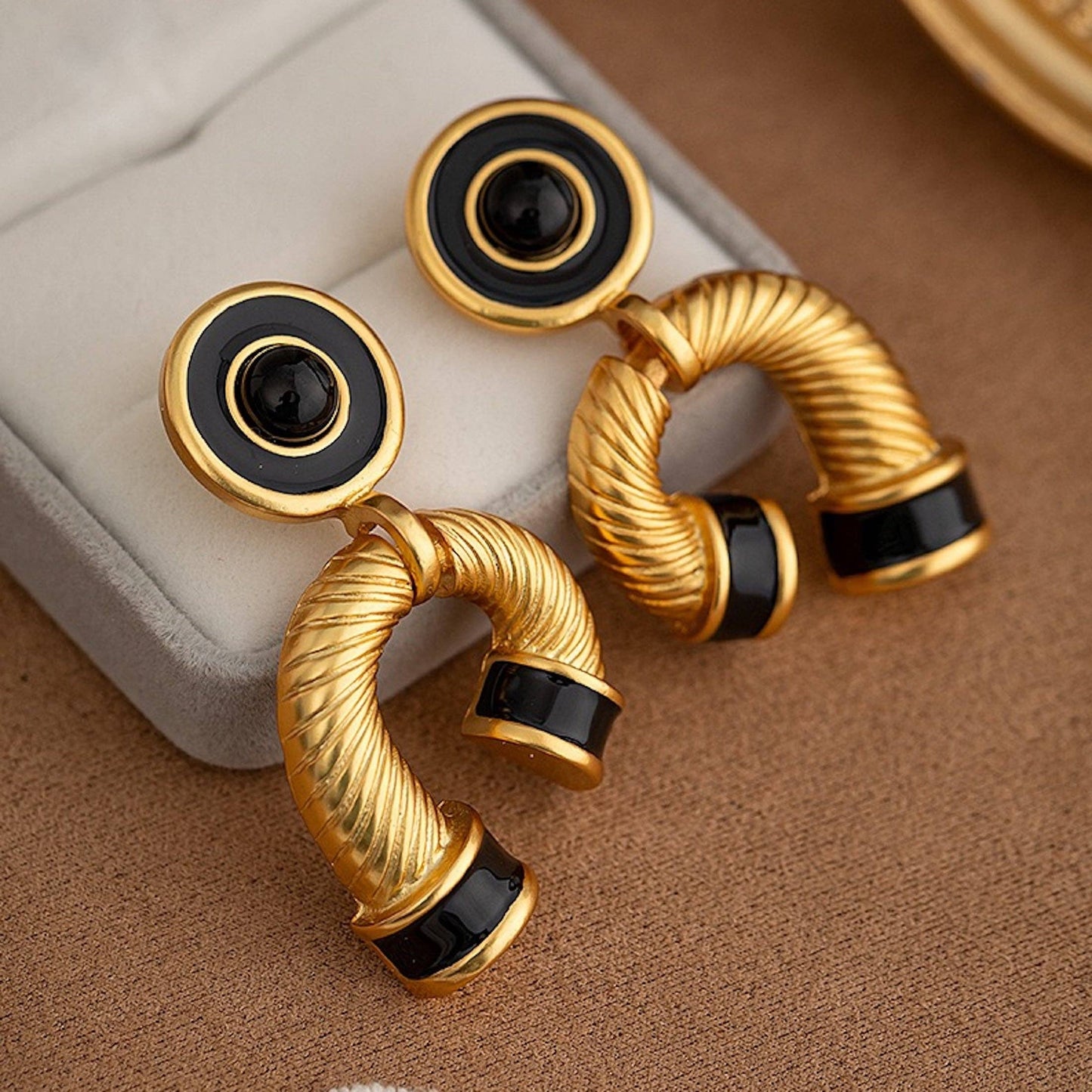 Gold Plated Chunky Black Enamel Large Drop Earrings