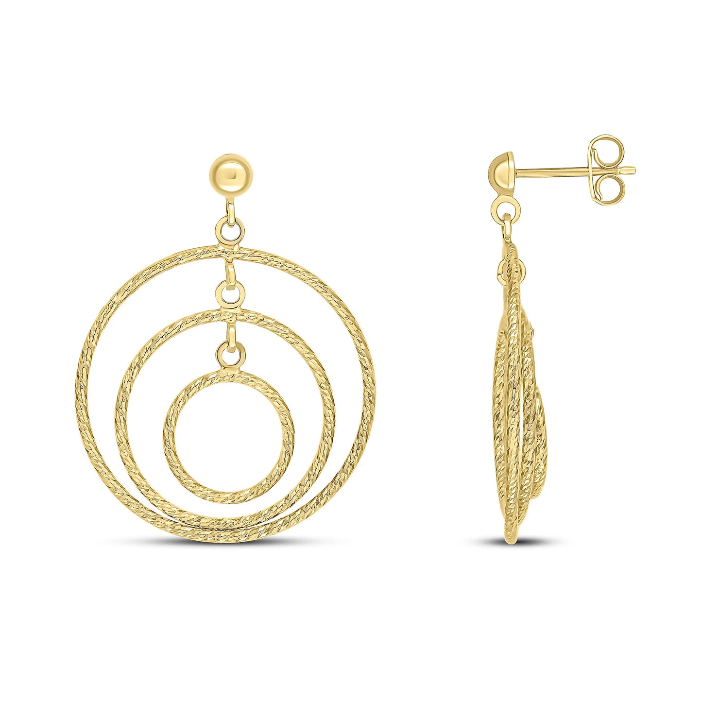 9ct Yellow Gold Textured Triple Circle Drop Earrings