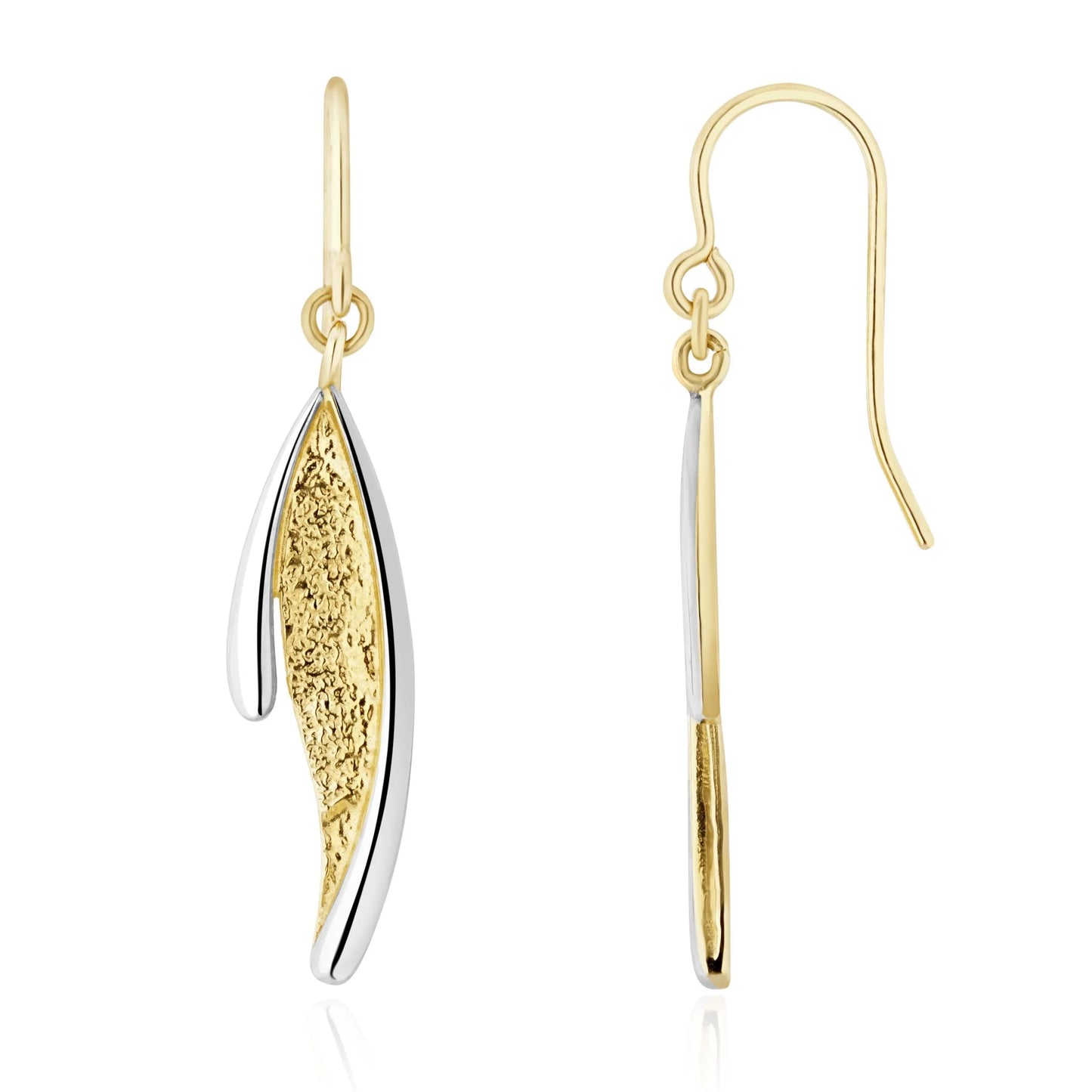 9ct Two Tone White & Yellow Gold Textured Leaf Drop Earrings