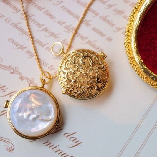 Sterling Silver, 18ct Gold Plated, Mother Of Pearl Round Filigree Style Locket Pendant
