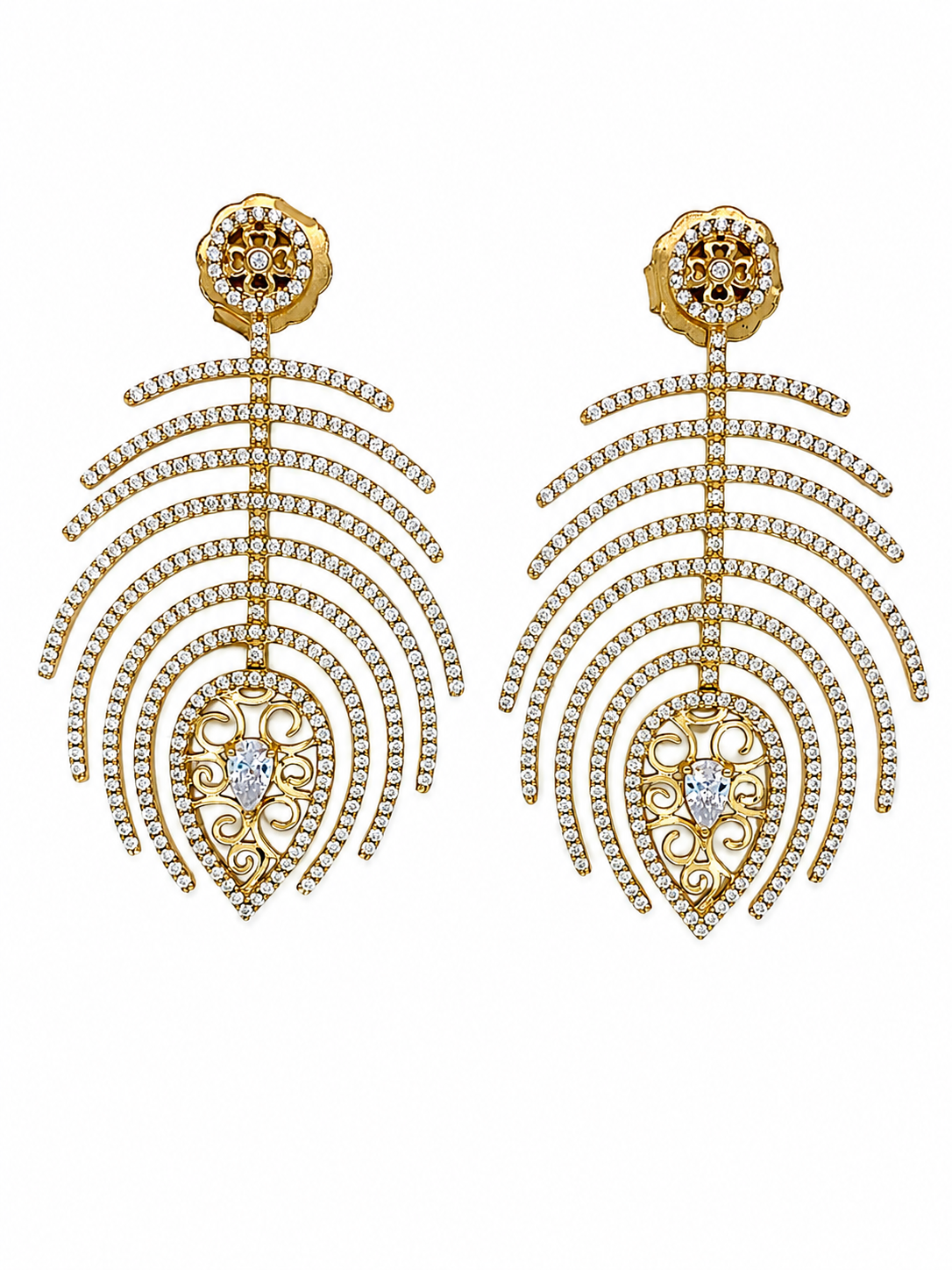 9ct gold plated 925 Silver Peacock drop earrings with cubic zirconias