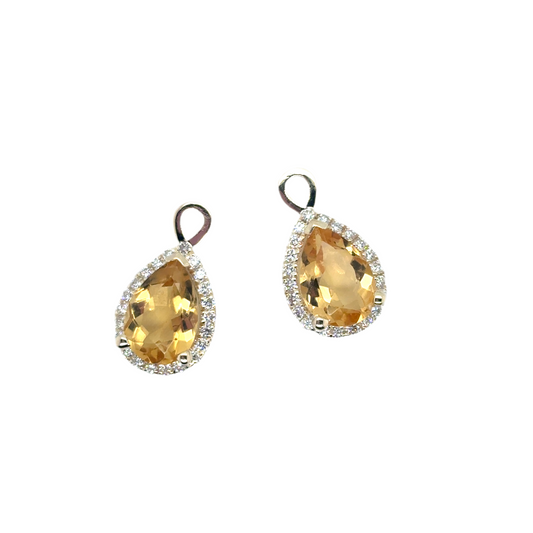 Bespoke Pear Cut Citrine with Diamond Halo 9ct Gold Drop, Removeable Attachments For Earrings, Hoop Earrings and Necklaces