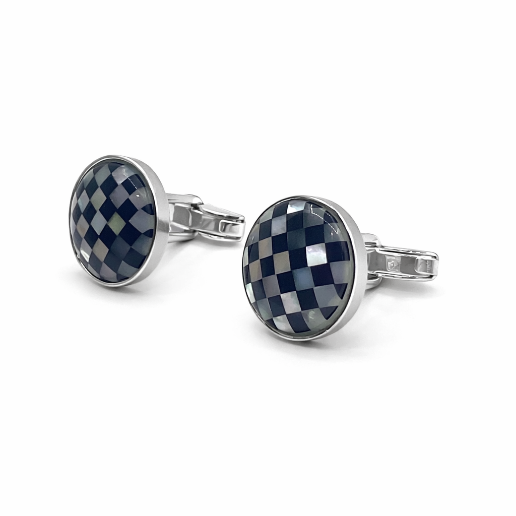 Sterling Silver, Chequer Board Onyx & Mother Of Pearl Round Cufflinks