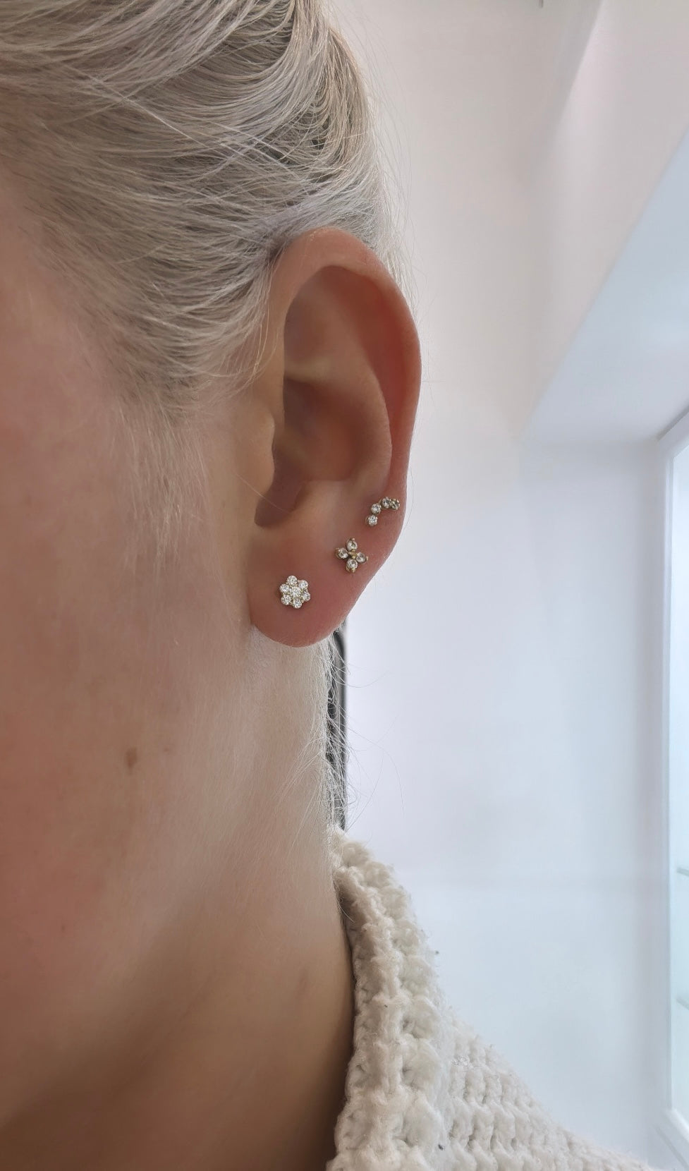 6 Petal Flower Natural Diamond Cluster Stud Earrings, 0.25cts in 9ct Yellow Gold with Scroll Backs