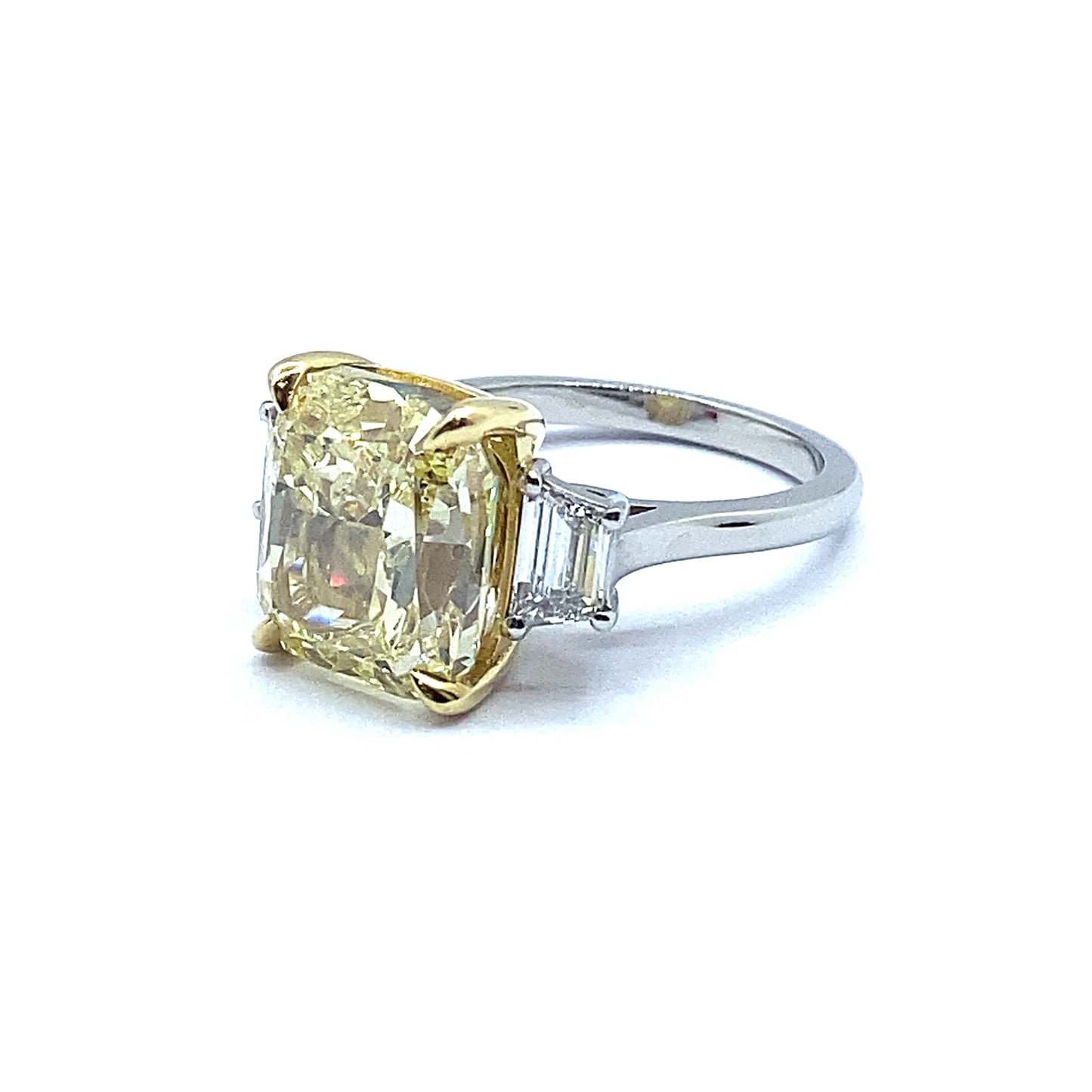 7.54ct Yellow Cushion Cut Diamond with Trapeze Cut Diamond Side Stone Ring