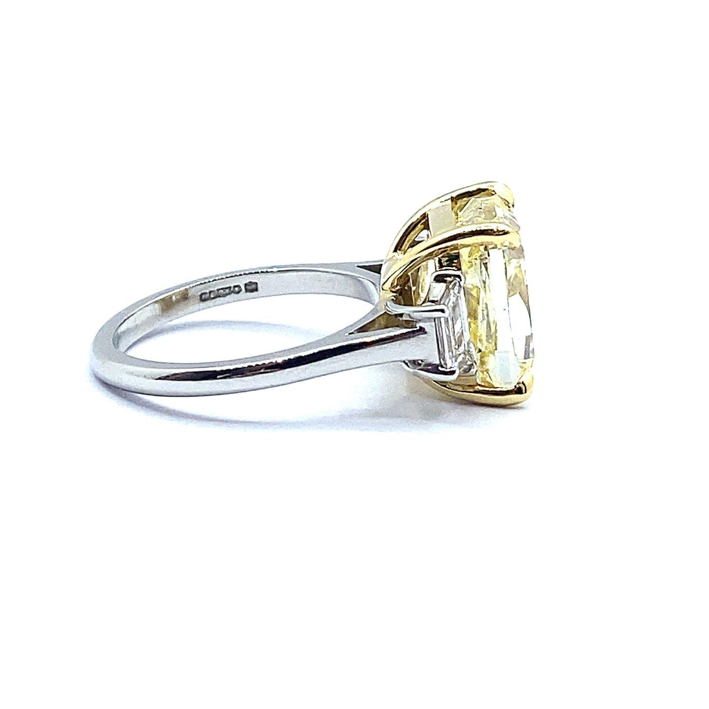7.54ct Yellow Cushion Cut Diamond with Trapeze Cut Diamond Side Stone Ring
