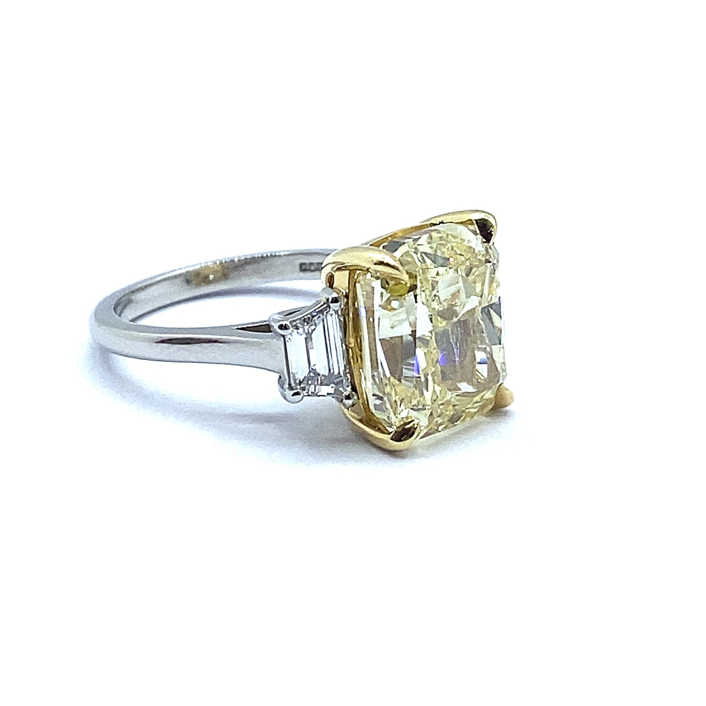 7.54ct Yellow Cushion Cut Diamond with Trapeze Cut Diamond Side Stone Ring