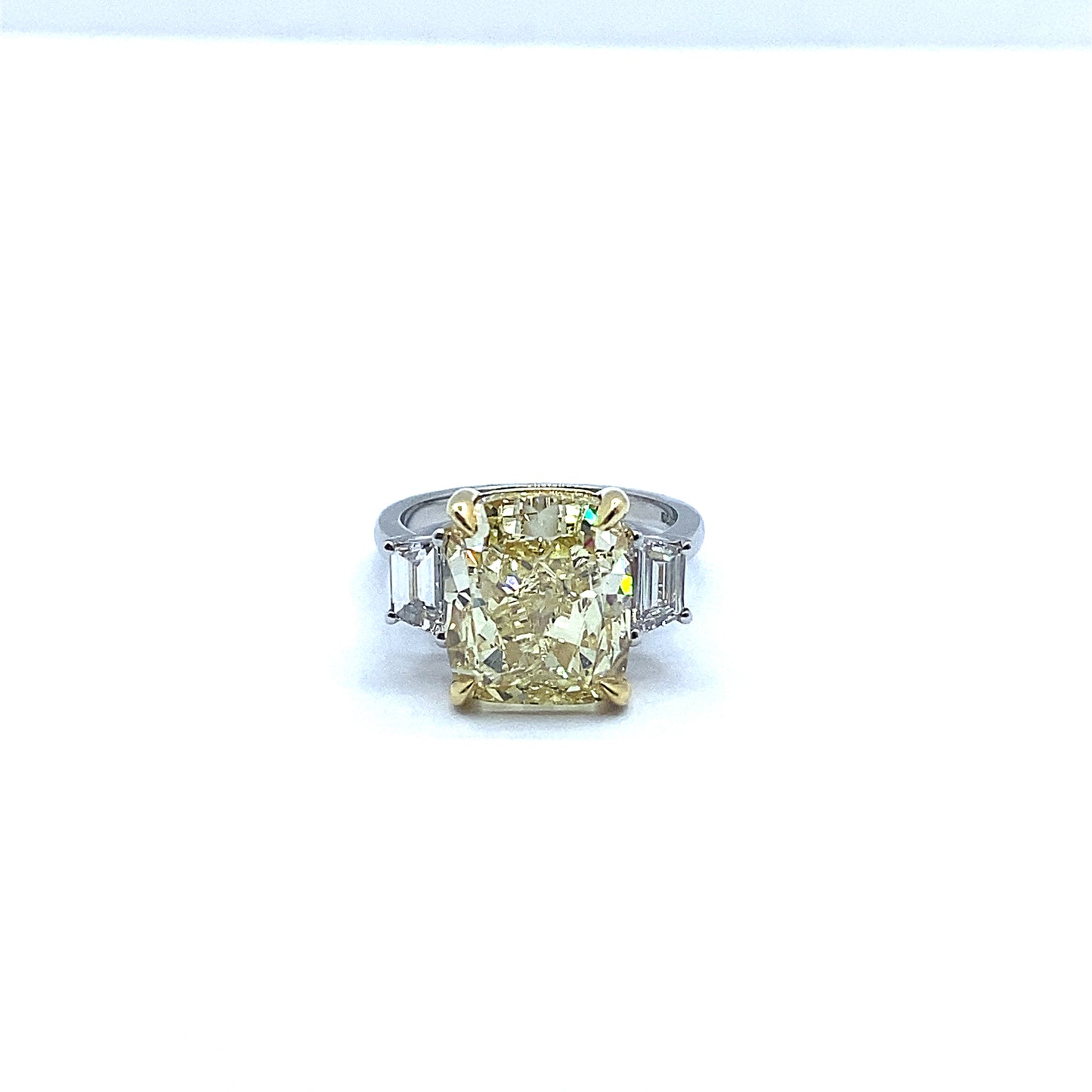 7.54ct Yellow Cushion Cut Diamond with Trapeze Cut Diamond Side Stone Ring