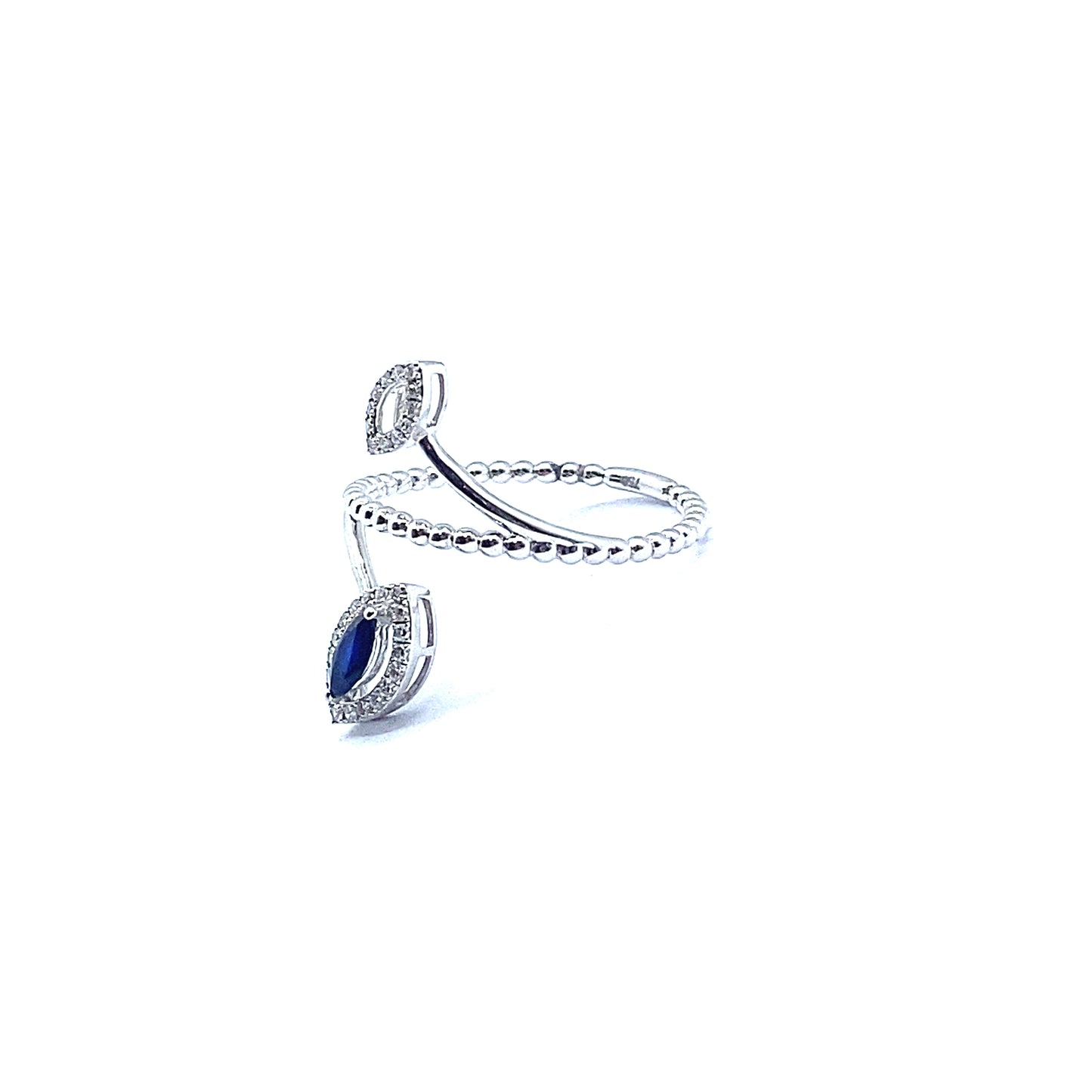 18ct White Gold, Marquise Cut Sapphire and Diamond Ornate Ring