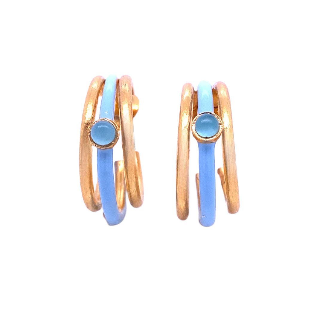 Gold Vermeil, Sterling Silver Blue Enamel and Chalcedony Hoop Earrings