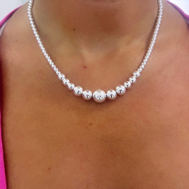 Sterling Silver Graduated Bead Necklace 16" - 18"