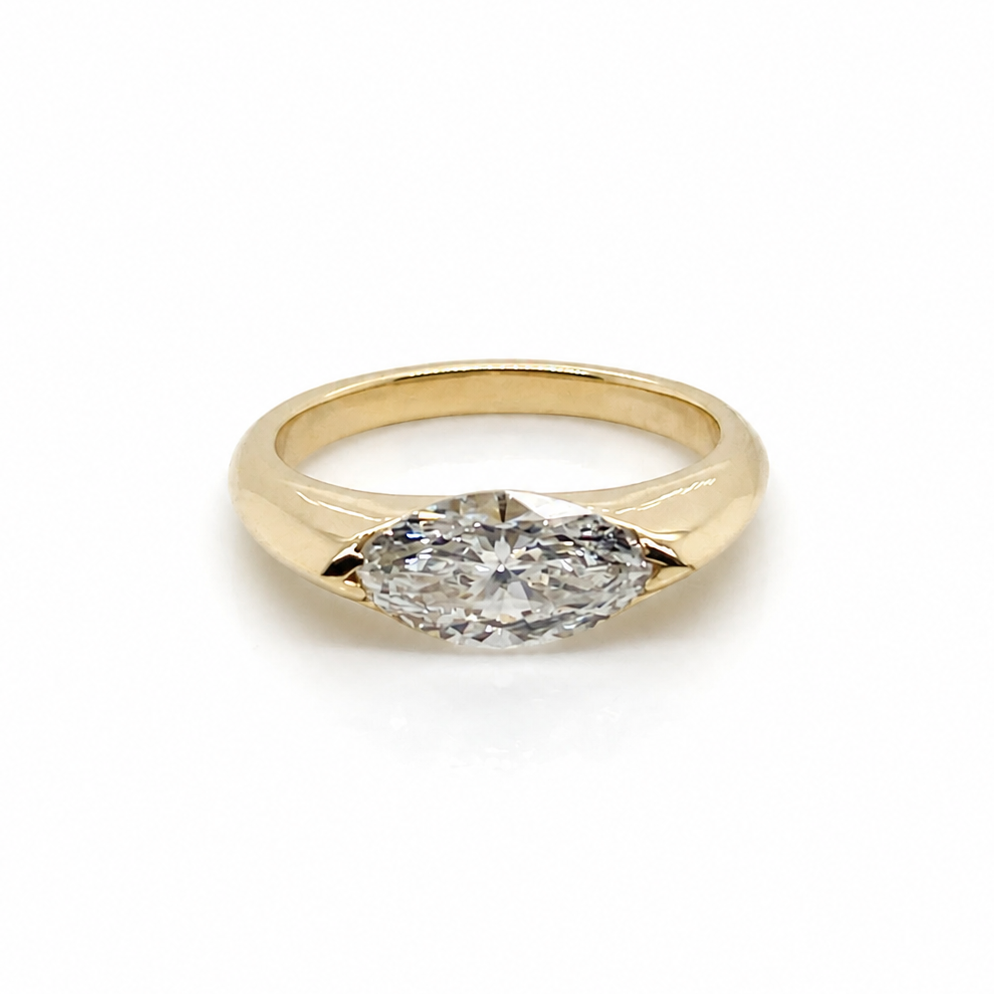 001796 - BESPOKE - Lab Grown Marquise Cut East West, Size H, 2 claw (L shaped marquise style), 14ct Yellow Gold 2mm Wide Band
