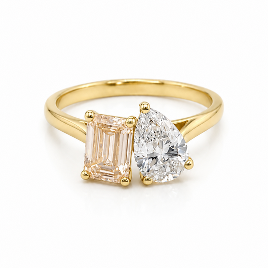 Toi et Moi Peach Emerald Cut Diamond and White Pear Cut Diamond 9ct Yellow Gold Ring
