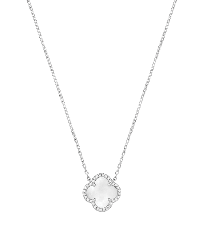 925 Silver Rhodium Plated Single Mother of Pearl & Cubic Zirconia Clover Necklace