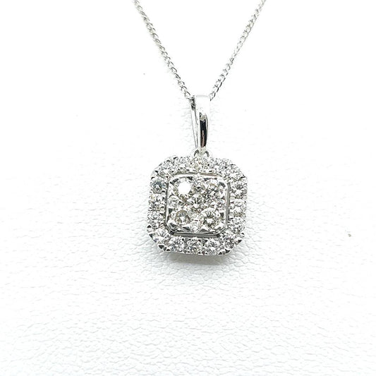 18ct White Gold Cluster Diamond Halo Pendant Cushion Shaped