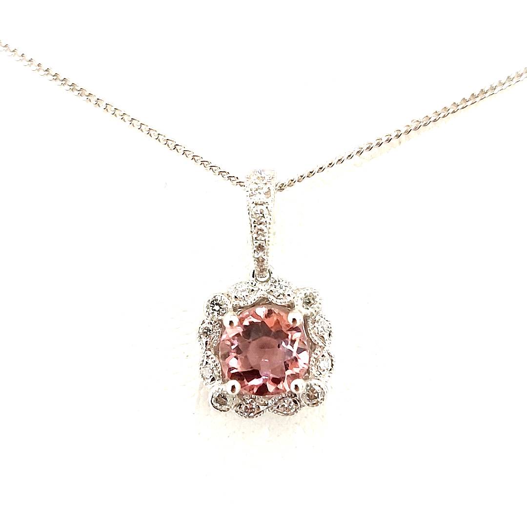 18ct White Gold Pink Tourmaline and Diamond Pendant