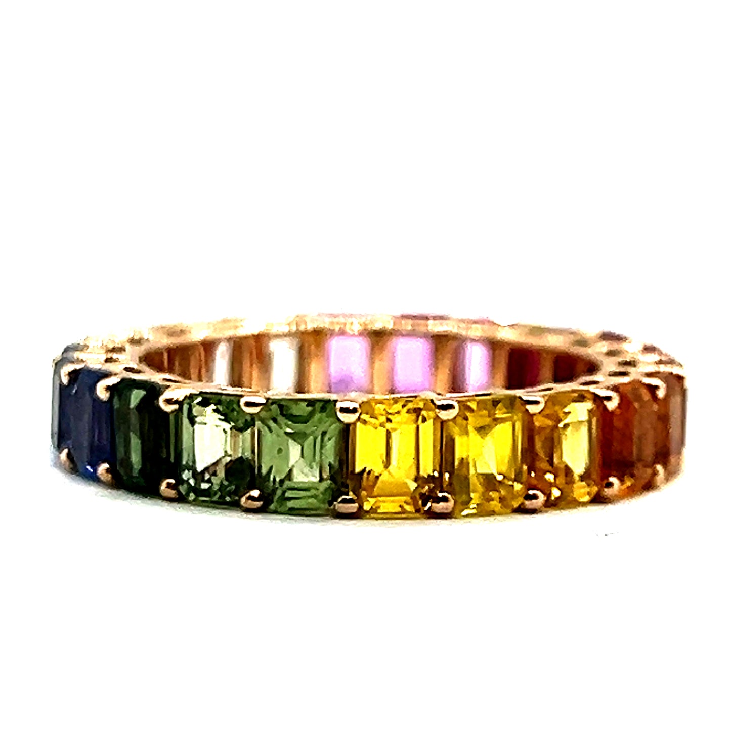 18ct Rose Gold Rainbow Sapphire Diamond and Ruby Emerald Cut Full Eternity Band