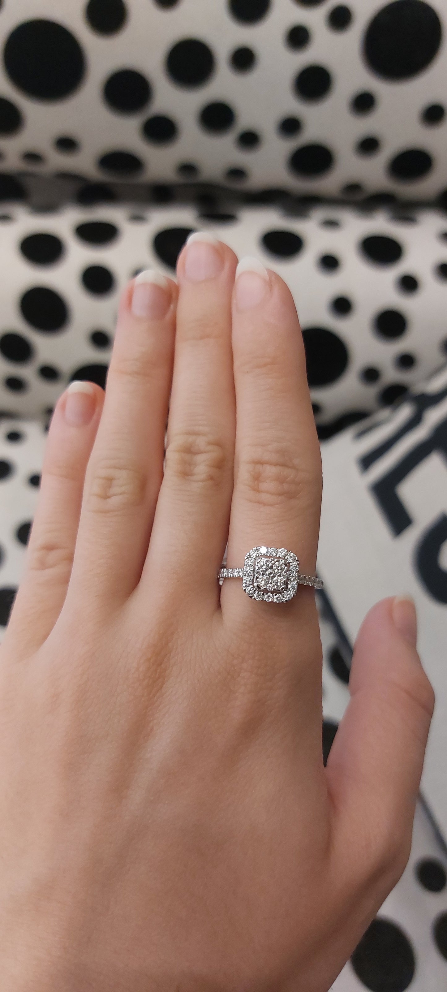 18ct White Gold Ring Round Cut Diamonds set in a Cushion Halo Shaped Head and Semi-set Shoulders
