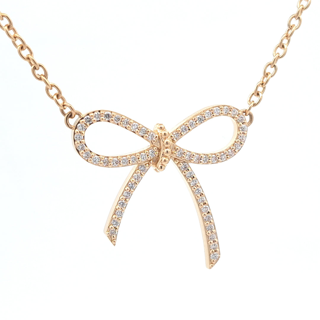 Bespoke Diamond Set Bow Pendant Necklace in 18ct Yellow Gold Adjustable Choker 14" to 16" Necklace