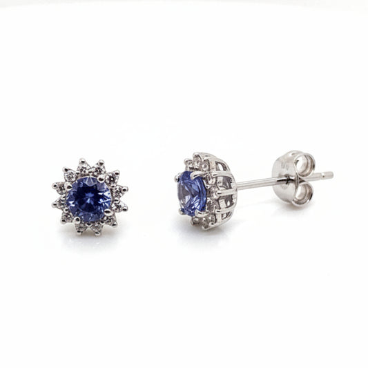 9ct White Gold Round Tanzanite and Diamond Halo Stud Earrings