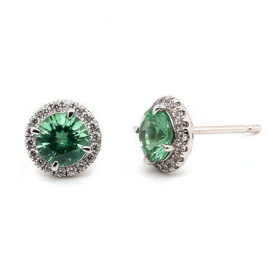 Round Brilliant Cut Green Obsidian and Cubic Zirconia Halo Stud Earrings