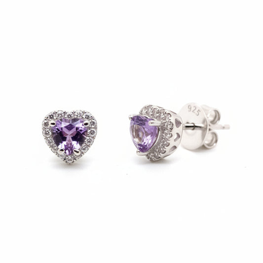 Heart Cut Amethyst and Cubic Zirconia Halo Stud Earrings