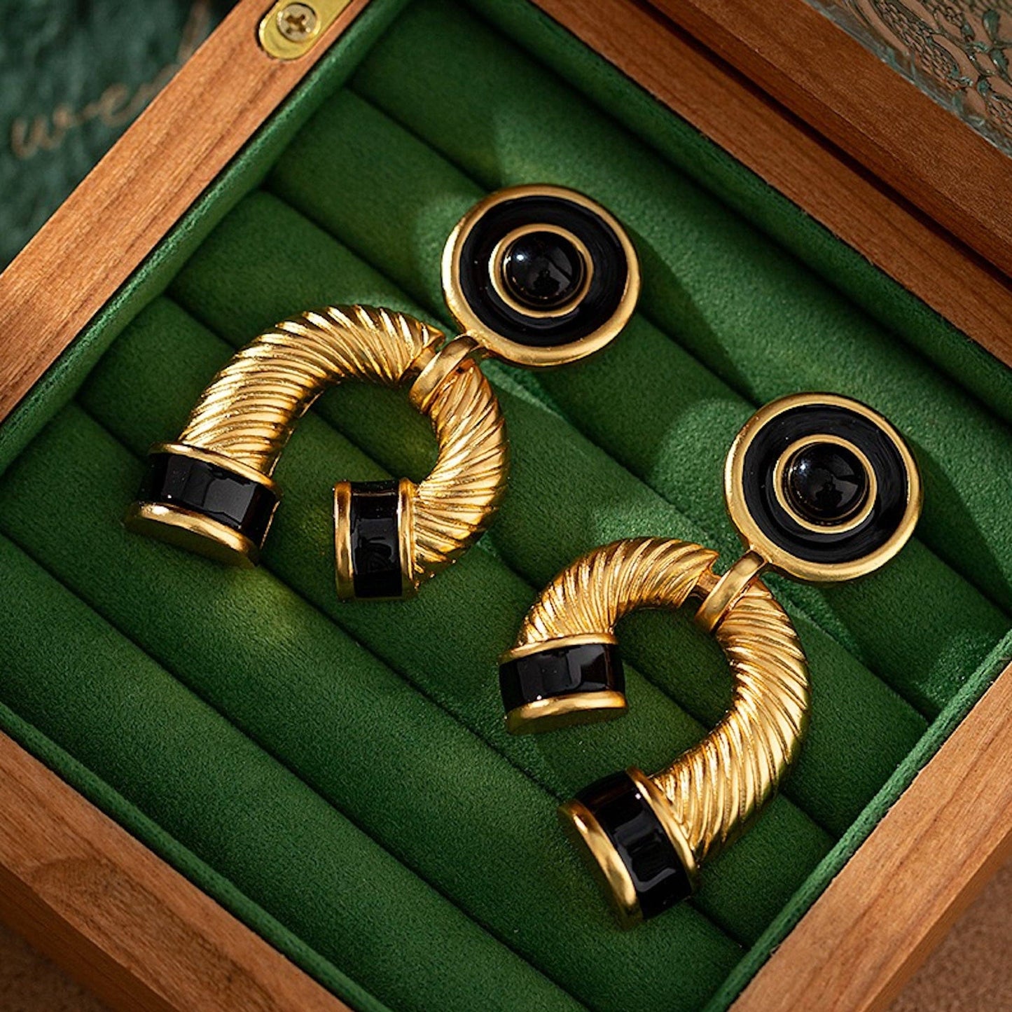 Gold Plated Chunky Black Enamel Large Drop Earrings