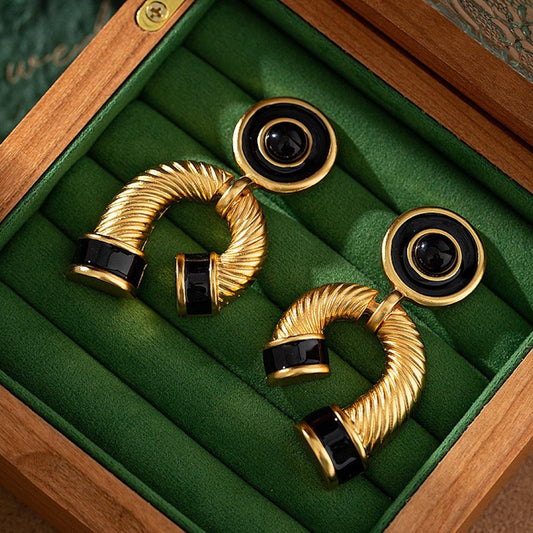 Gold Plated Chunky Black Enamel Large Drop Earrings