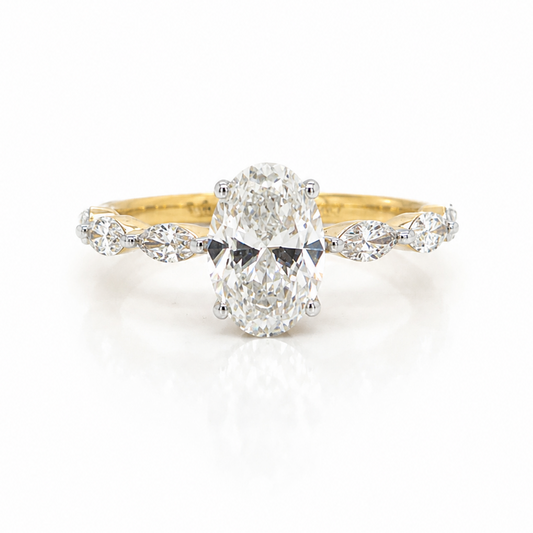 Oval Cut Diamond with Hidden Halo and Marquise Cut Diamond Band Ring in Yellow Gold