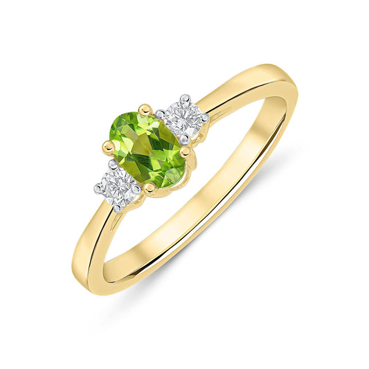 Oval Peridot & Round Diamond Claw Three Stone Ring in 9ct Yellow Gold