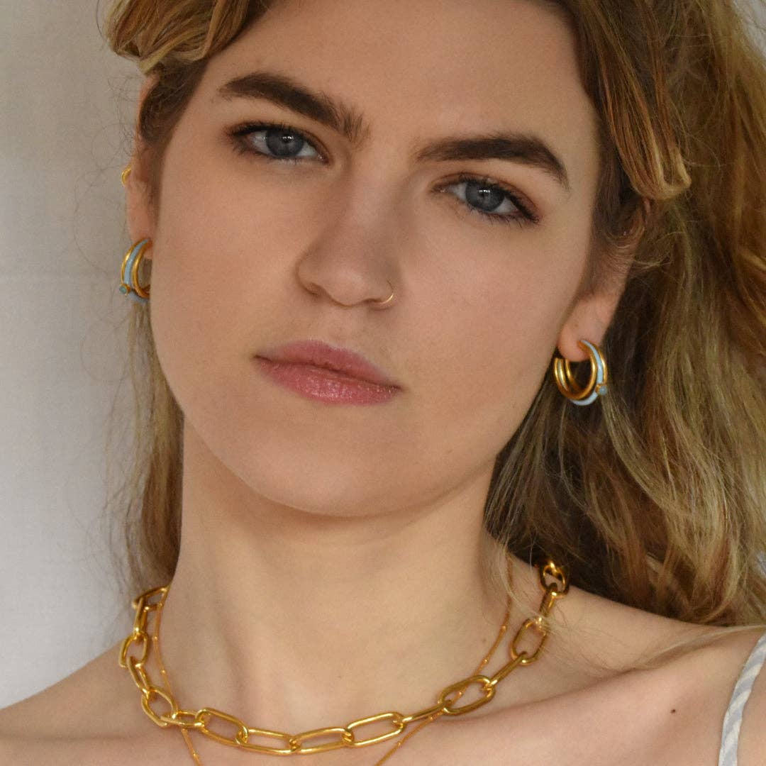 Gold Vermeil, Sterling Silver Blue Enamel and Chalcedony Hoop Earrings