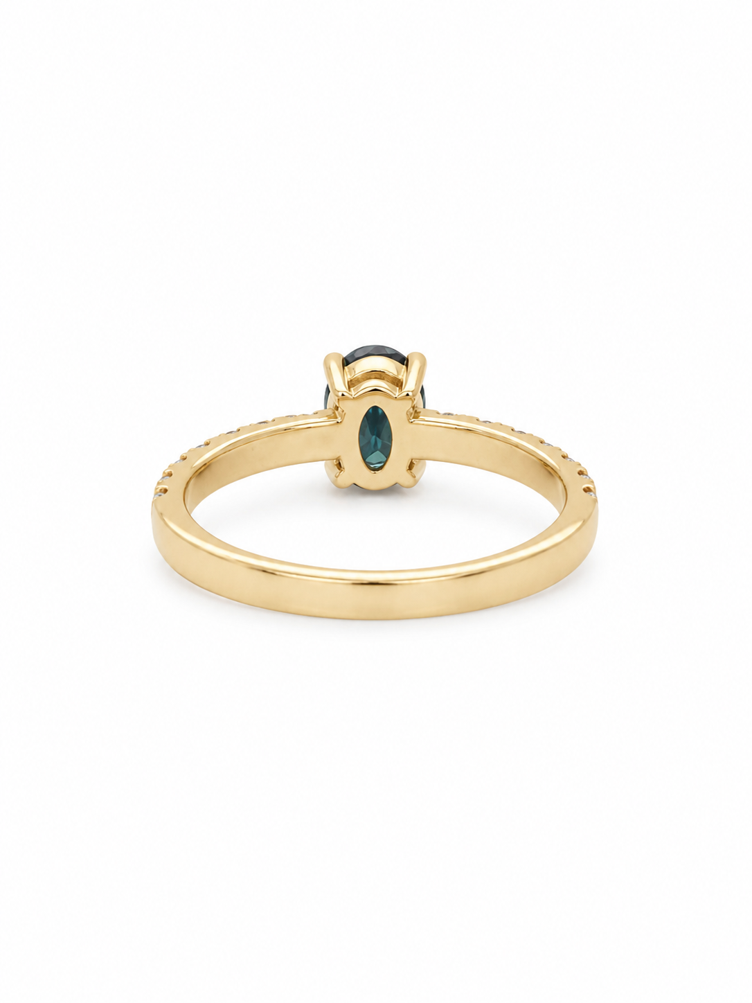 Oval Cut Green-Blue Sapphire with a Diamond Set Band, in 18ct Yellow Gold