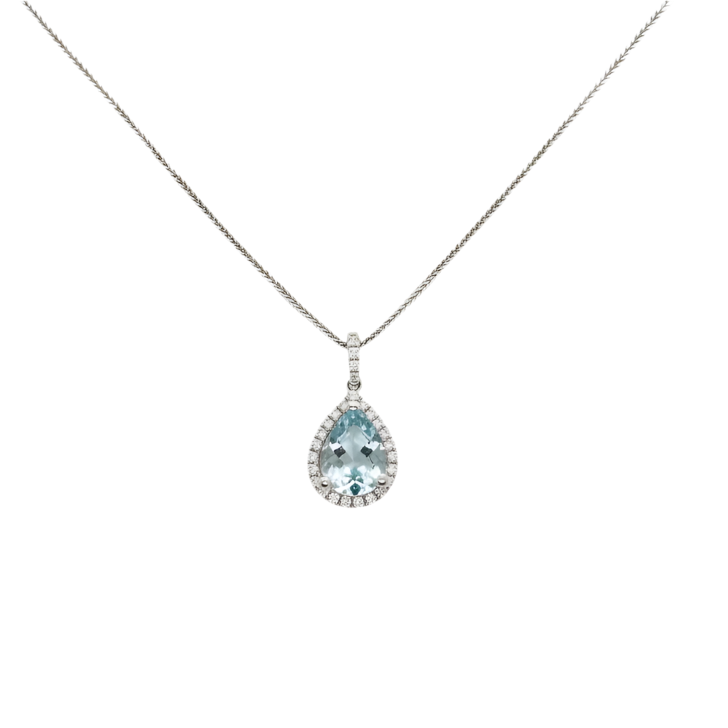 Pear Cut Aquamarine, Diamond Halo Claw Set Pendant, Diamond Set Bail in 18ct White Gold