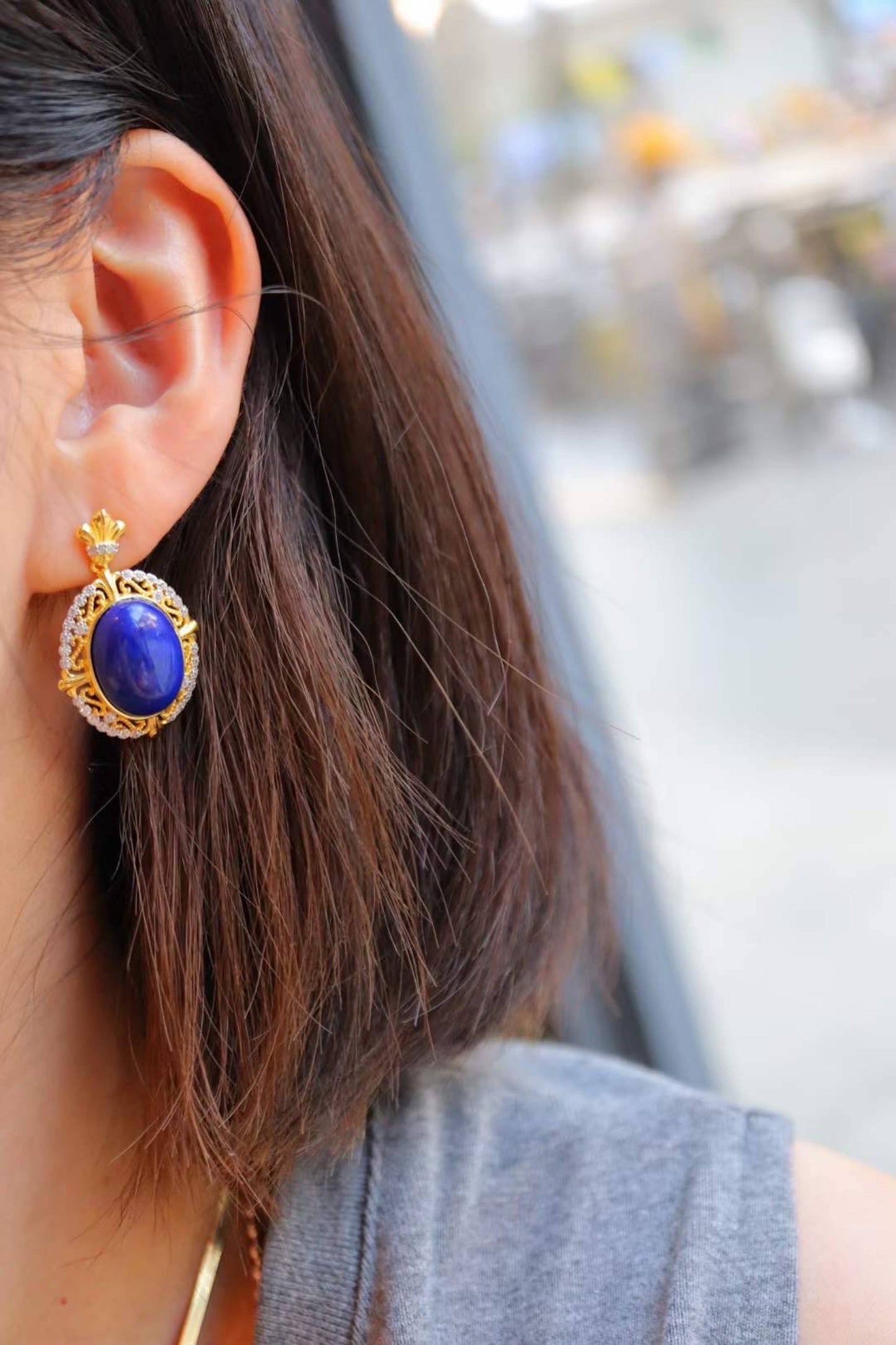 Sterling Silver Gold Vermeil Royal Lapis Lazuli Renaissance Style Earrings