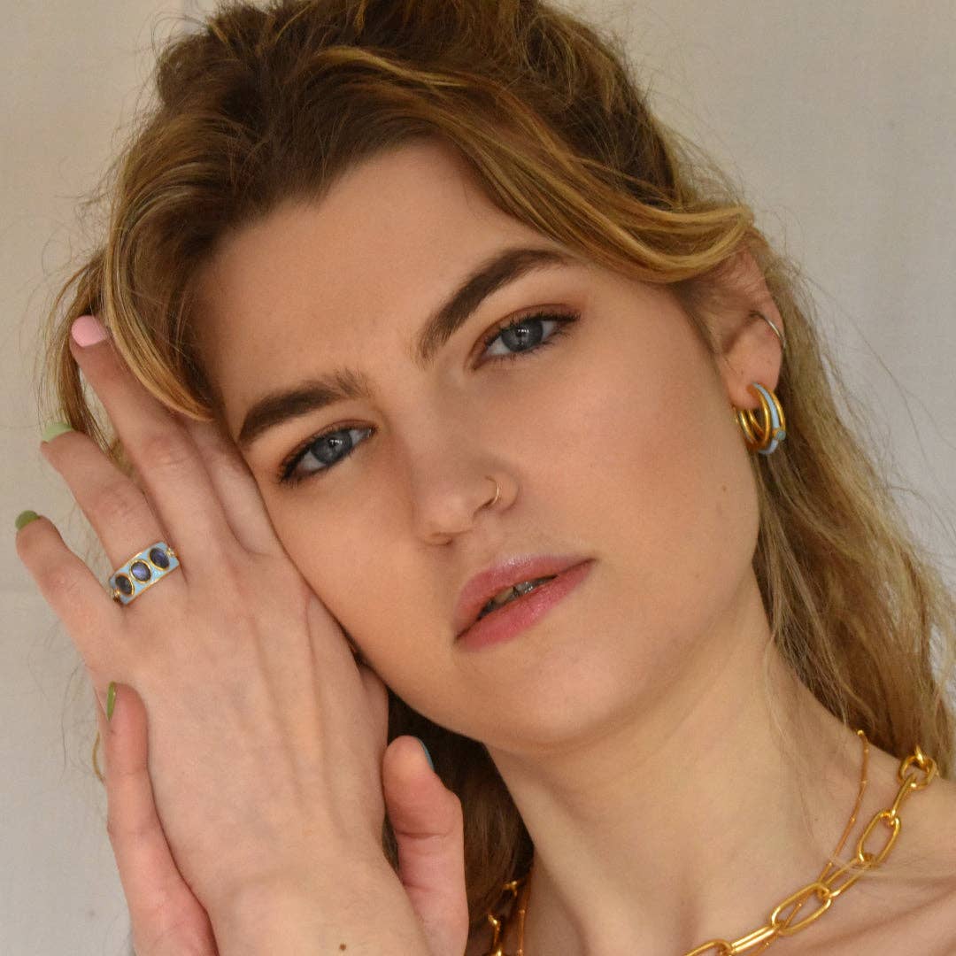 Gold Vermeil, Sterling Silver Blue Enamel and Chalcedony Hoop Earrings