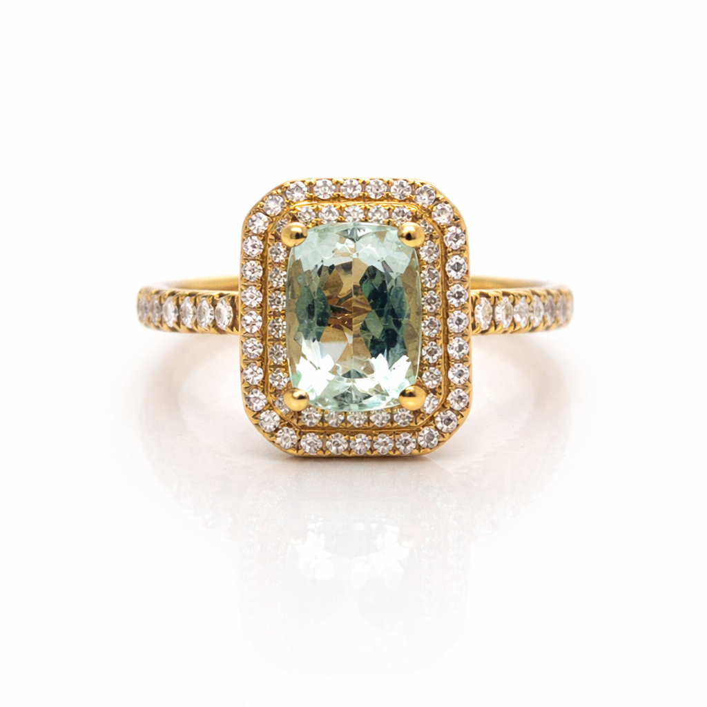Elongated Cushion Cut Water Beryl, Double Diamond Octagonal Halo, 9ct Yellow Gold Cocktail Ring