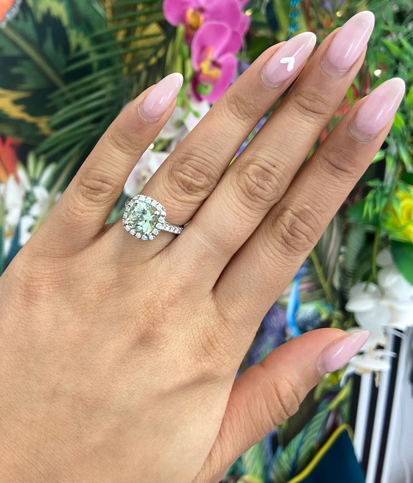 Square Cushion Cut Mint Green Tourmaline Diamond Halo Diamond Set Shoulders Ring in Platinum