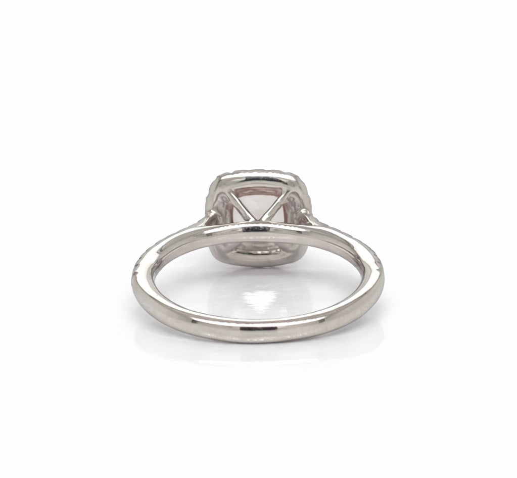 Cushion Cut Morganite Centre with Diamond Halo Ring set in Platinum