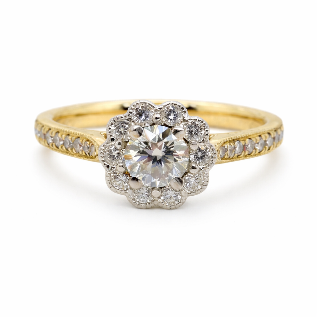Natural Round Brilliant Diamond Halo Scallop Set Ring in 18ct Yellow and White Gold