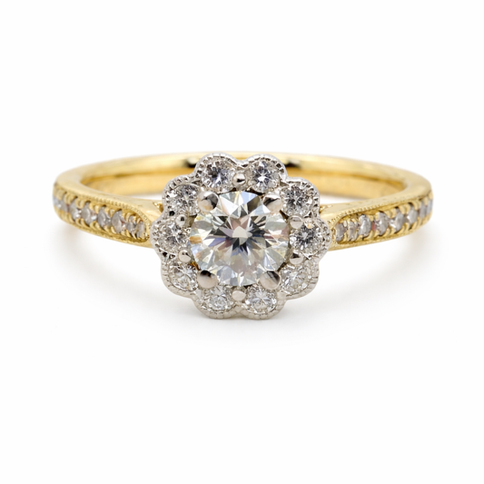 Natural Round Brilliant Diamond Halo Scallop Set Ring in 18ct Yellow and White Gold