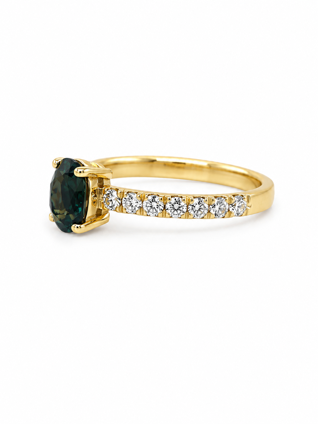 Oval Cut Green-Blue Sapphire with a Diamond Set Band, in 18ct Yellow Gold