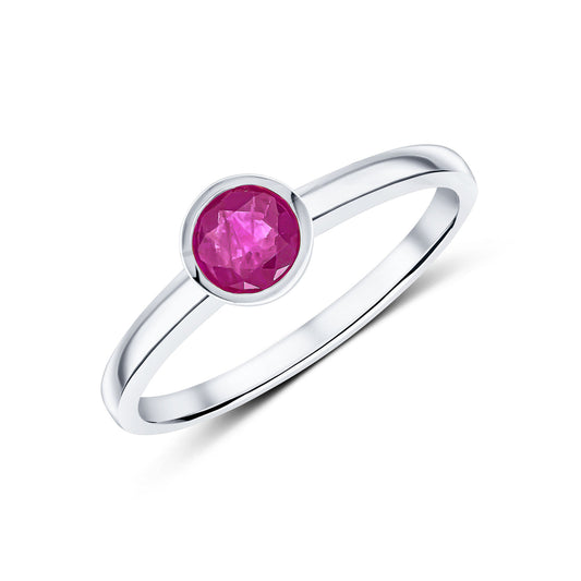 Solitaire Round Brilliant Cut Bezel Set Ruby Ring in 9ct White Gold