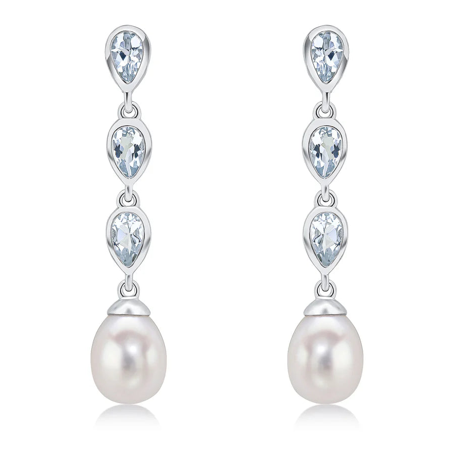 9CT White Gold Pearl & Aquamarine Triple Drop Earrings