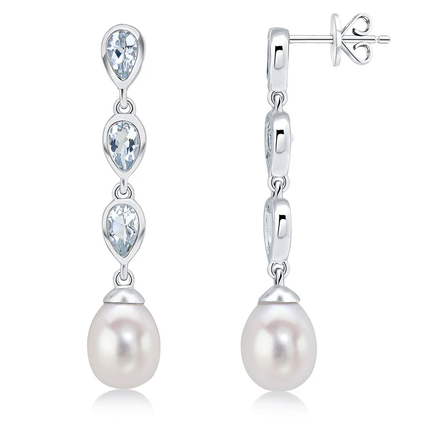 9CT White Gold Pearl & Aquamarine Triple Drop Earrings