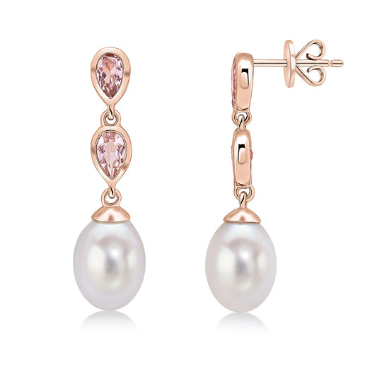 9CT Rose Gold Pearl & Morganite Double Drop Earrings