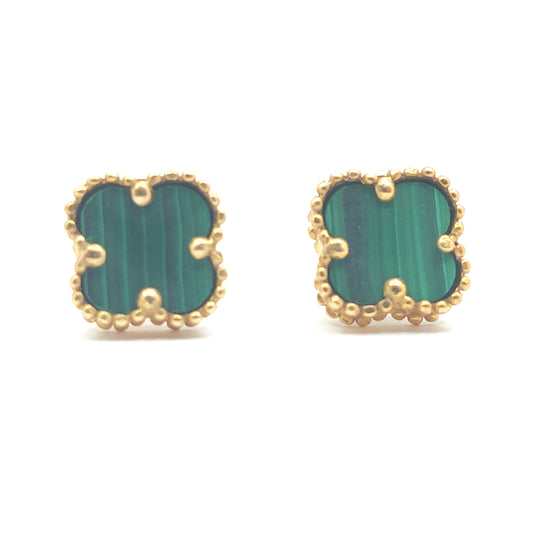 925 yellow gold malachite clover stud earrings