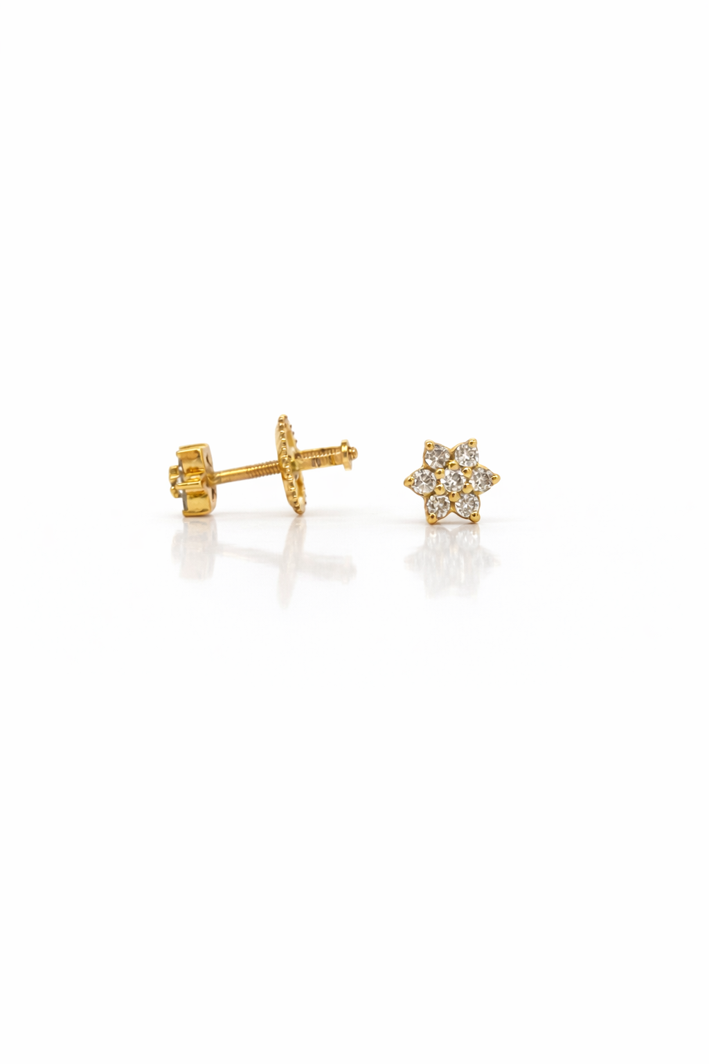 6 Petal Flower Diamond Cluster Earrings, 0.14cts in 18ct Yellow Gold with Screw Backs