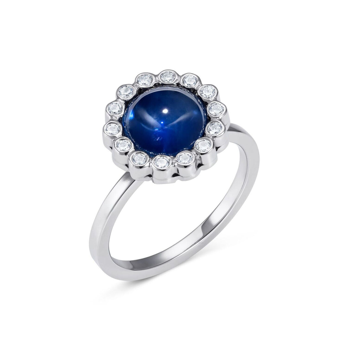 Blue Sapphire Cabochon Diamond Halo Ring Platinum