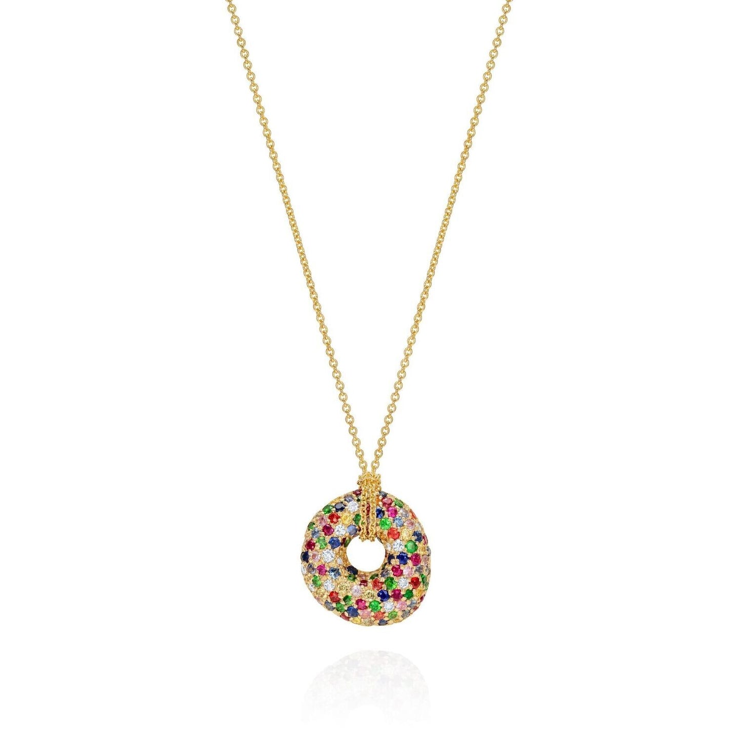 9ct Yellow Gold Diamond, Sapphire and Tsavorite Sprinkled Doughnut Pendant and Chain